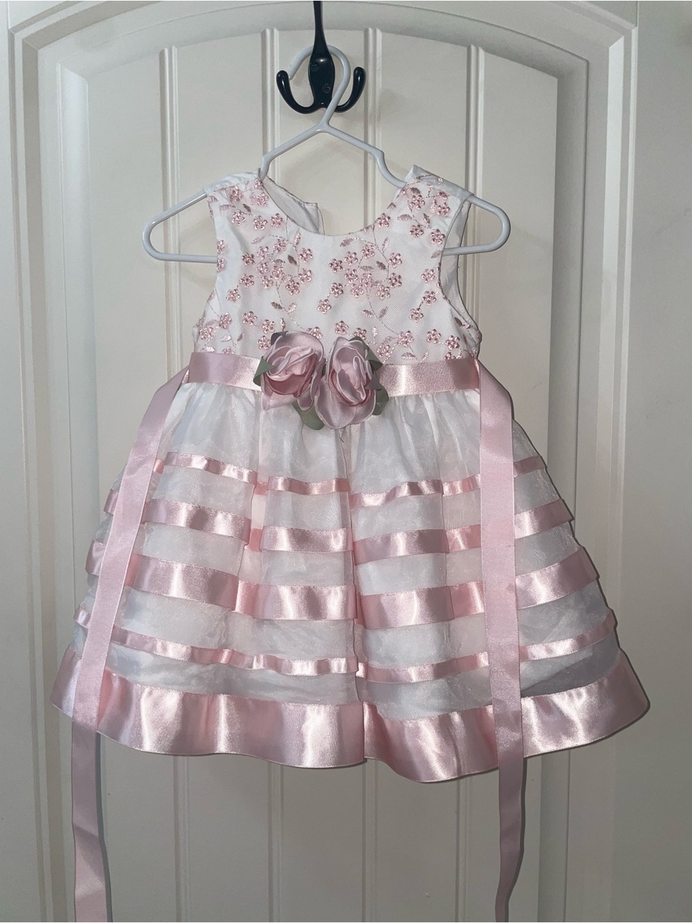 Bonnie Baby Pink and White Floral Satin Ribbon Party Dress